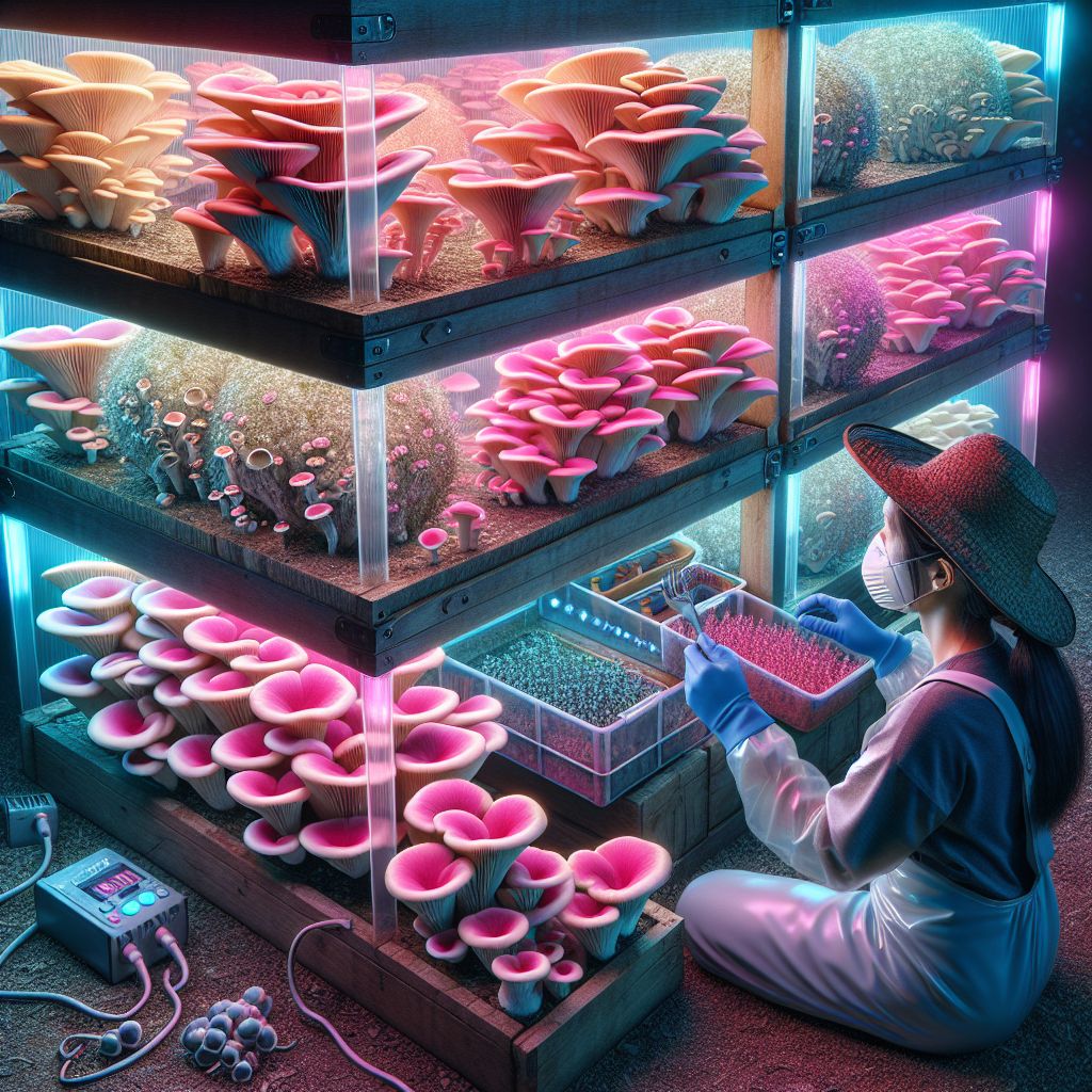 Urban indoor farm cultivating pink oyster mushrooms with advanced lighting