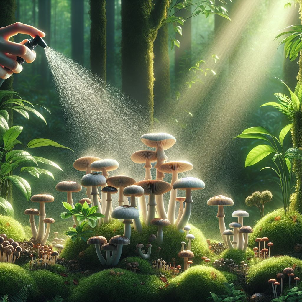 A misting water bottle gently watering mushrooms in a garden setting