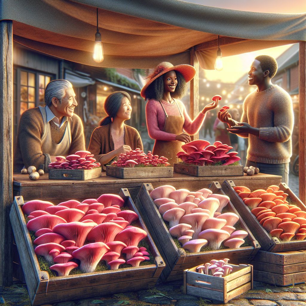 Vibrant Pink Oyster Mushrooms at a Farmer's Market Stall Early Morning